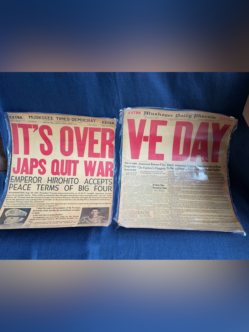 Pair 1945 WWII Newspaper Extras V-E Day & V-J Day Muskogee Phoenix & Democrat